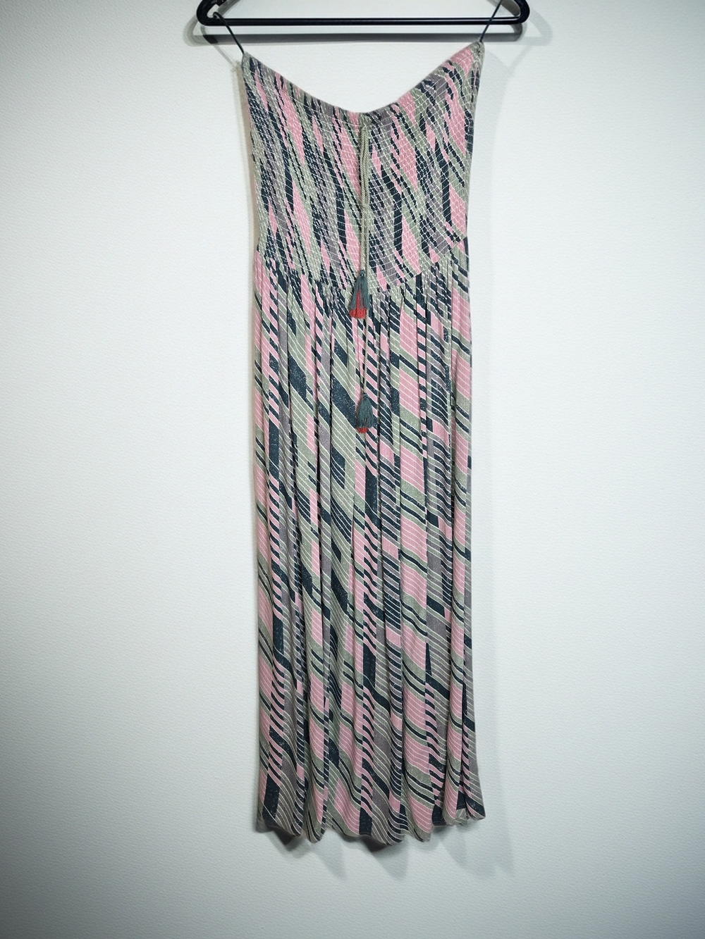 Mystree Boho Strapless Smocked Maxi Dress Pink Sage Green Abstract Geometric L